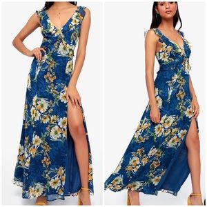 Lulu’s Feeling Fleur-ty Navy Blue Floral Print Ruffled Maxi Dress